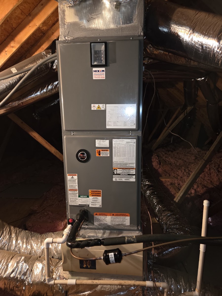 A newly installed Hixon HVAC system in a Suwanee-area attic