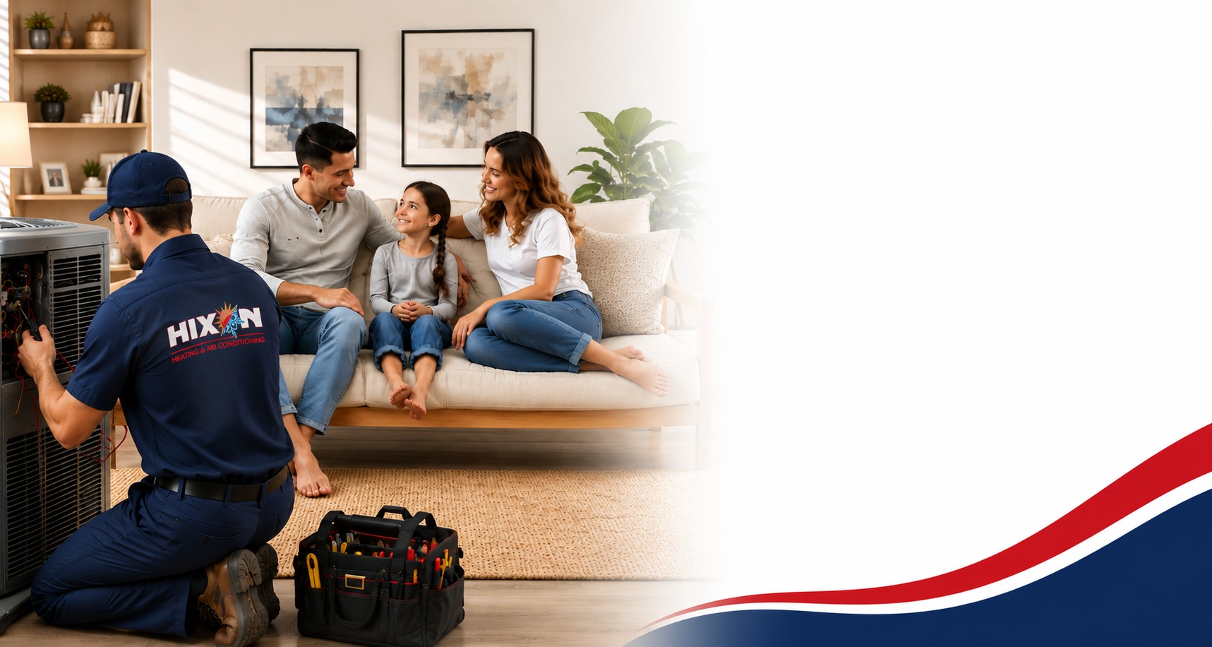 Hixon Heating & Air Conditioning technician servicing a residential AC unit while a happy Suwanee, GA family relaxes at home